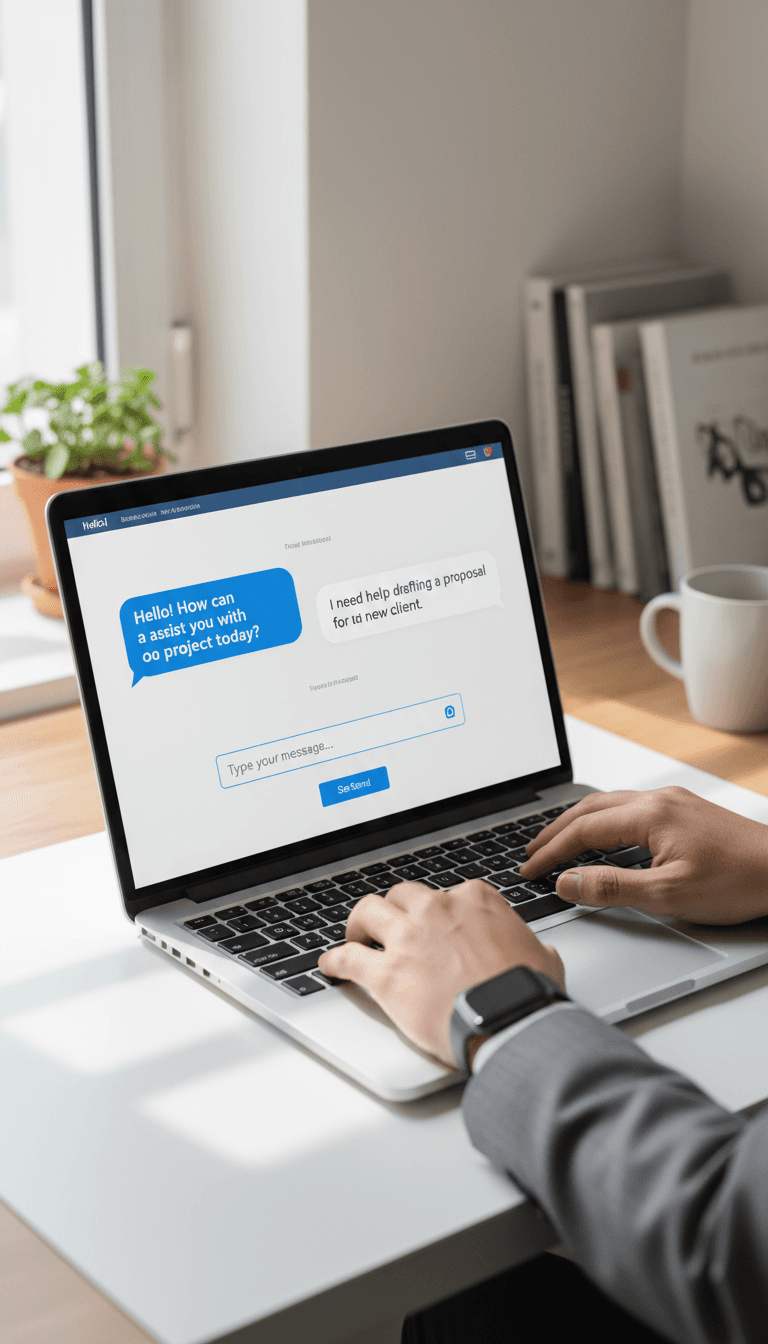 AI chatbot interface shown on a laptop screen in a modern workspace